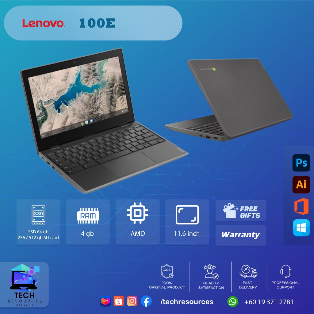 Lenovo 100e Laptop | Intel AMD Processor | 4GB Ram 64GB SSD 256GB-512GB SD Card | 11.6" Display Screen Size